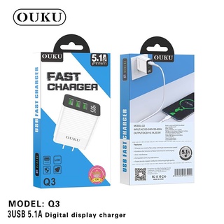 OUKU Q3 หัวชาร์จ+สายชาร์จ 3USB 5A ชาร์จเร็ว  พร้อมจอ LED ของแท้100%