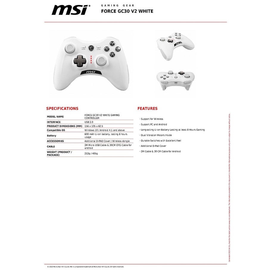 CONTROLLER  (อุแกรณ์ควบคุมเกม)  MSI FORCE GC30 V2 (WHITE) (MSI-JOY-GC30-V2-WH) ประกัน 1 ปี*ของแท้*