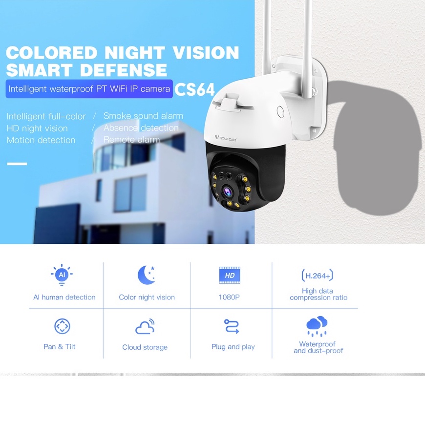 Vstarcam CS64 ความละเอียด 3.0 MP (1296P) กล้องวงจรปิดไร้สาย ภาพสี มีAI+ คนตรวจจับสัญญาณเตือน Outdoor IP Camera