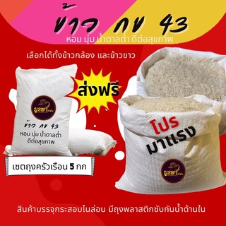 ข้าวกข 43 ข้าวใหม่ หอม นุ่ม บรรจุกระสอบ 5 โล สุดคุ้ม