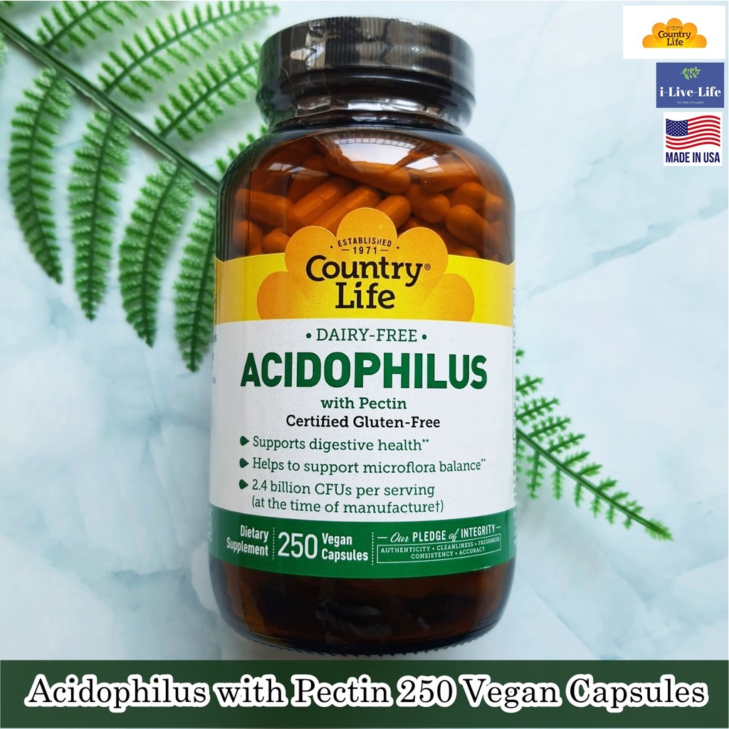 Country Life - Acidophilus with Pectin 250 Vegan Capsules แอซิโดฟิลัส การย่อยอาหาร