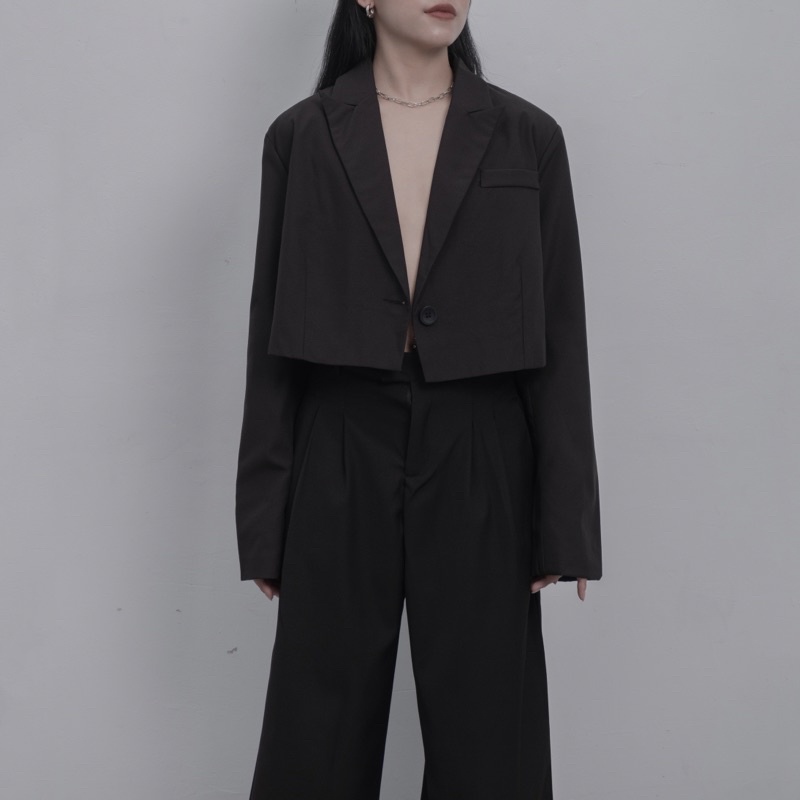 ผู้หญิง Cropped BLAZER เสื้อกั๊กเสื้อครอปบุนวมไหล่สองชั้น