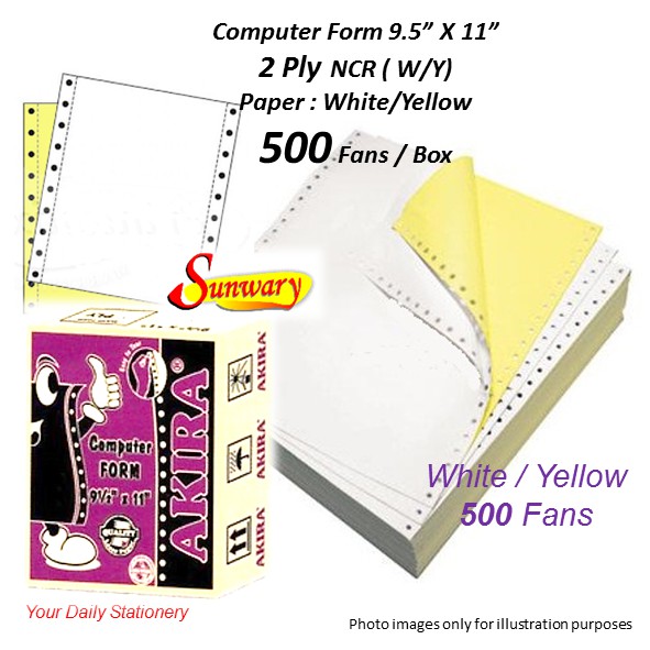 2 ชั้น ขาว / เหลือง NCR Computer Form Akira 2ply NCR - ขาว/เหลือง (500 ตัว / กล่อง) - 9.5" X 11" , 2