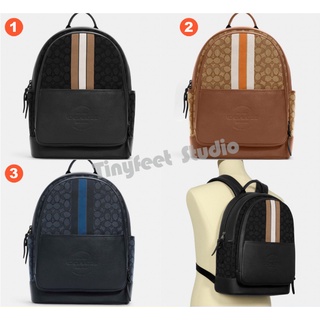 Coach C5389 กระเป๋าเป้สะพายหลัง Thompson ในลายเซ็น Jacquard พร้อม Varsity Stripe Women Men Backpack