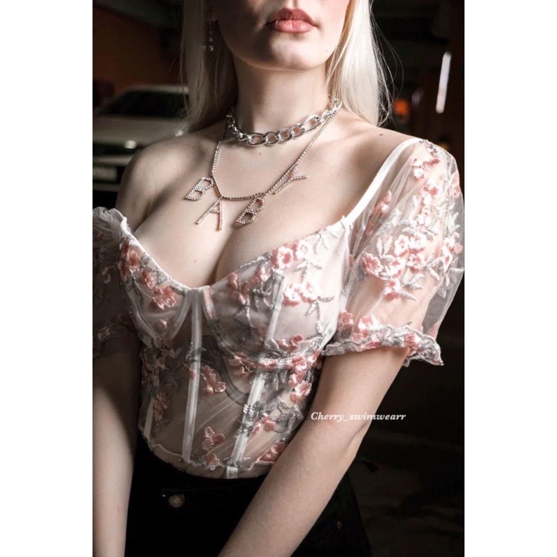 พร้อมส่ง📌 เสื้อครอปลูกไม้ ซีทรู เซ็กซี่ตรงปก By Cherry_swimwearr