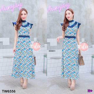 (6556) Maxi Dress  แขนกุด คอจีน แต่งระบายหน้าอก