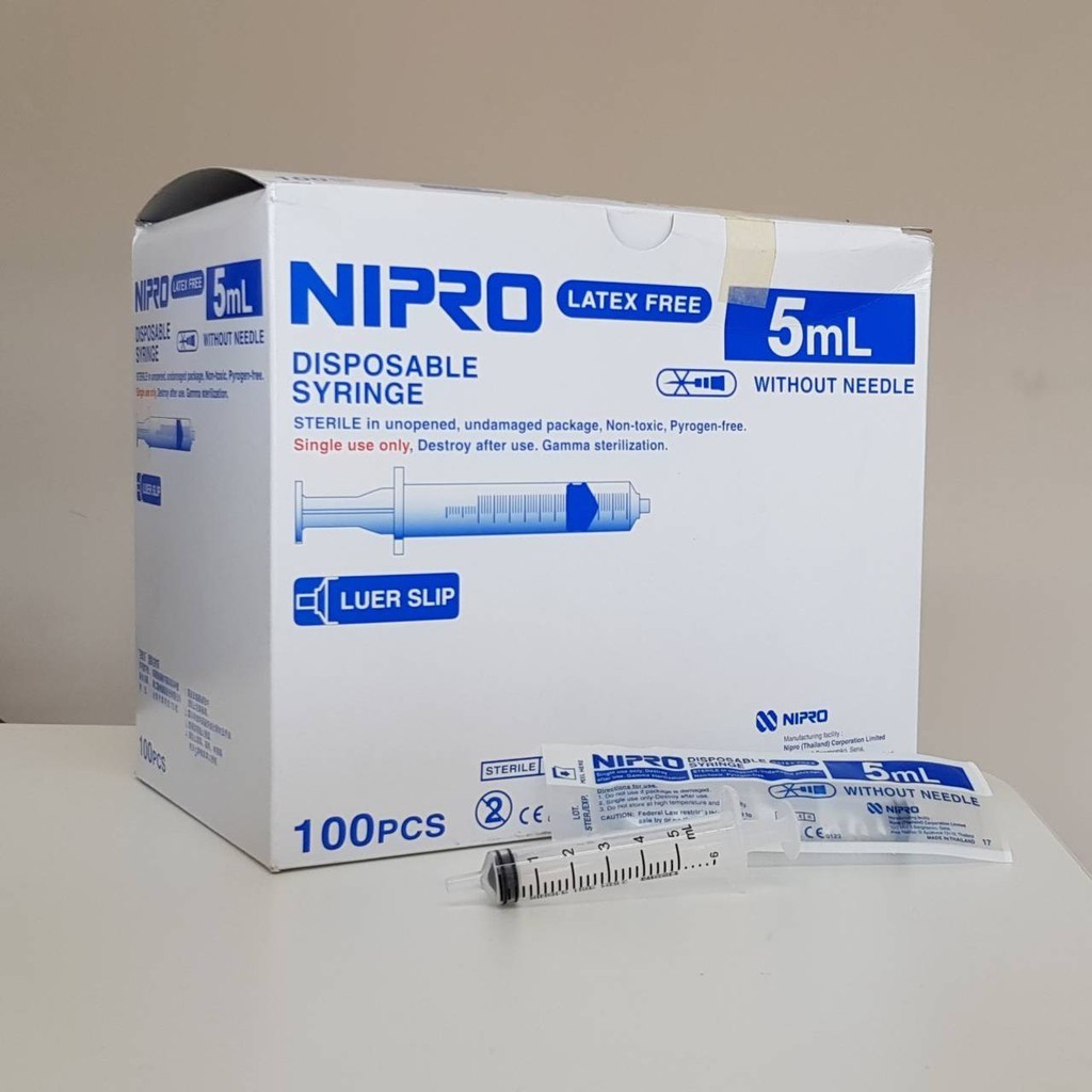 Nipro Syringe 5 mL สำหรับป้อนยาเด็ก ล้างจมูก เติมหมึกในแท้ง เติมหมึกในตลับ และอื่นๆ ขนาด 5ml. Nipro 100 ชิ้น/กล่อง