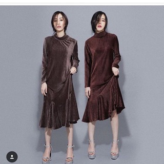 Velvet dress คอปีนแขนยาวผ้ายืดร่อง