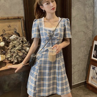 เดรสลาย เดรสเกาหลี ชุดเดรสสั้นเหนือเข่าYY33500กระโปรงทรงเอ แขนพัฟ เสื้อผ้าแฟชั่นผู้หญิง กระโปรงลายสก๊ สวมใส่สบาย