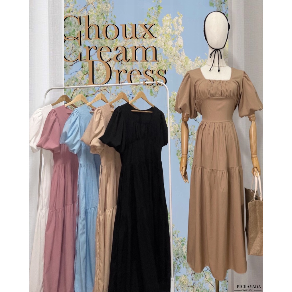 Pich_clothing# พร้อมส่ง Maxi dress เดรสยาว คอเหลี่ยมแขนบอลลูนตุ๊กตา เดรสเที่ยวทะเล เดรสเจ้าหญิง มี6สี