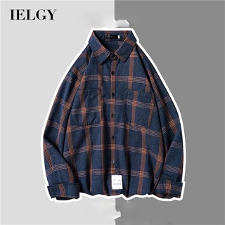 Ielgy เสื้อเชิ้ตแขนยาว ลําลอง ทรงหลวม ลายสก๊อต สไตล์เรโทร สําหรับผู้ชาย