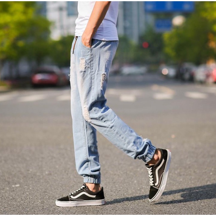 DEER กางเกงยีนส์ขาจั้ม ผู้ชาย แต่งขาด เอวผูกเชือก  รุ่น 026