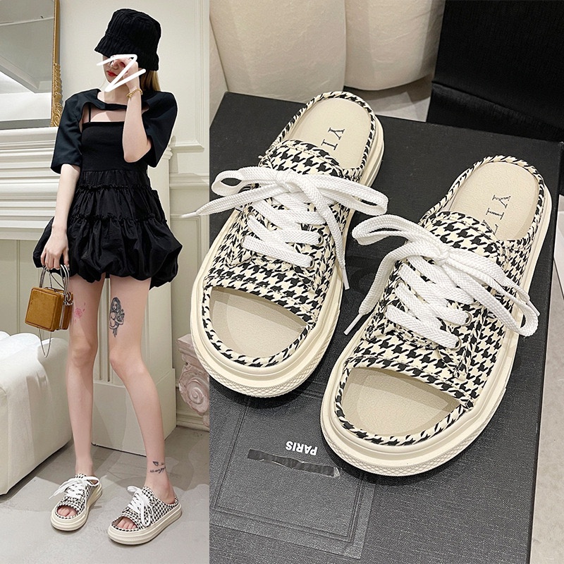 modemfashion รองเท้าผ้าใบแตะเปิดเท้า รองเท้าแตะแฟชั่น เกาหลีรุ่นใหม่ พื้นหนา3CM YiZu002