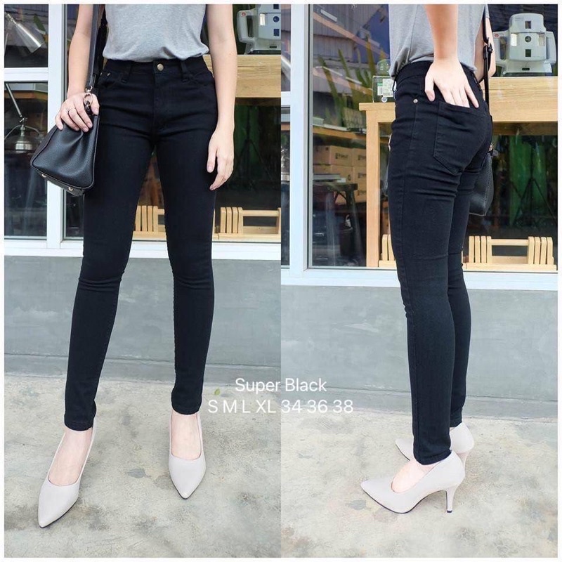 ยีนส์ทรงเดฟสีดำ Super Black เอวสูง ผ้ายืด ใส่สบาย
