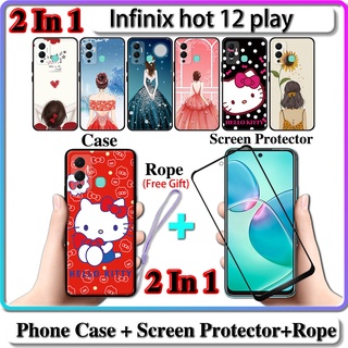 2 IN 1 เคส Infinix hot 12 play เคส พร้อมกระจกนิรภัยกันรอยหน้าจอโค้ง เซรามิค สําหรับเด็กผู้หญิง และคิตตี้