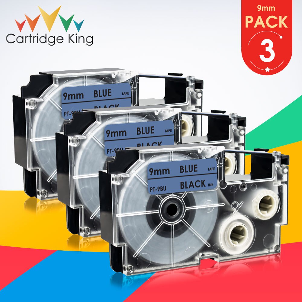 3PK 9mm Width for Casio XR-9BU Labels Tapes Black on Blue Label Maker Casio KL-60 KL-120 KL-300 CW-L