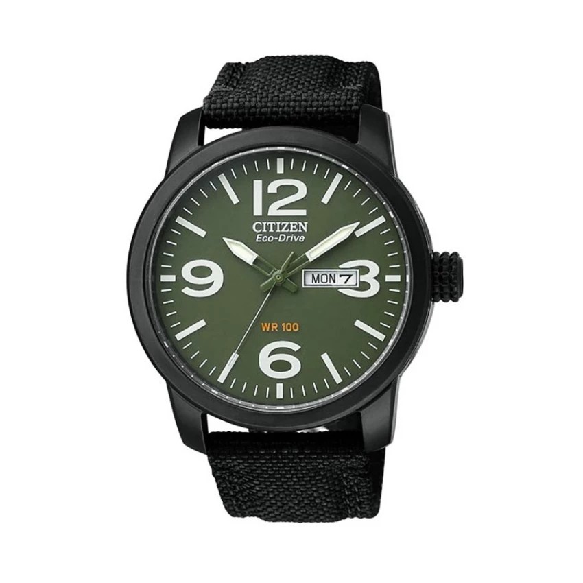 CITIZEN Eco-Drive Military Black Out Nylon Strap Men's Watch รุ่น BM8475-00X - Black PVD / Green