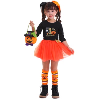 [New product in stock] color clothing childrens Halloween pumpkin elf cosplay clothing girls one-year-old letter printed Pengpeng skirt quality assurance JBUJ