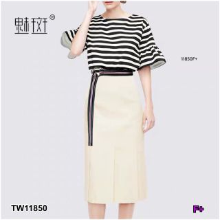 TW11850  Set 2 ชิ้น เสื้อลายริ้ว แขนระบาย ผ้าไหมอิตาลี่ + กระโปรง