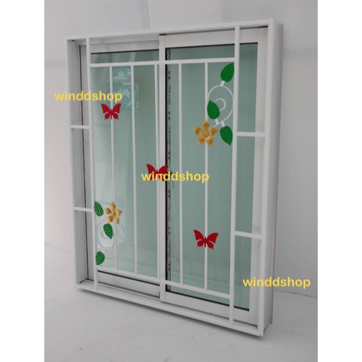 หน้าต่าง 2 บานเลื่อน 90 x 110 cm. สีขาว+มุ้ง พร้อมเหล็กดัดเถาวัลย์