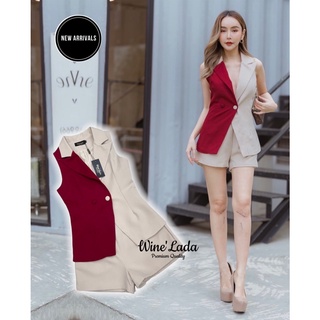 WineLada Set 2 Pcs. Set เสื้อคอปกแขนกุดทรงสูทสีทูโทน เสื้อสามารถนำไปแมชกับกางเกงหรือกระโปรงแบบอื่นก็เหมาะค่ะ