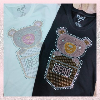 KUNI # G-110 เสื้อยึดประดับเพชรรีด Rhinestone แฟชั่น สีดำ/สีขาว/ลายหมีน้อยสวยงาม