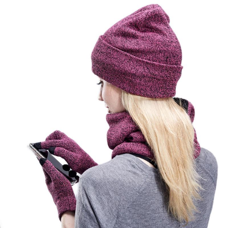 ชายหญิง 3pc Winter Soft หมวกถักหมวก Beanie ผ้าพันคอ Screen Glove Warm ฤดูหนาว