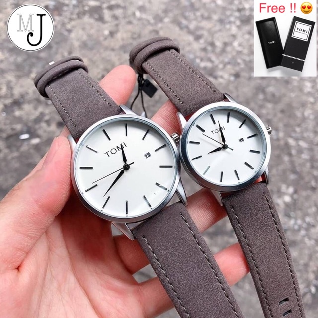 นาฬิกา casio ผู้ชาย นาฬิกาข้อมือคู่ ( ได้2 เรือน ตามรูป ) TOMI WATCH ของแท้ 100% นาฬิกาคู่สายหนัง Sale !!! (Gray Color)