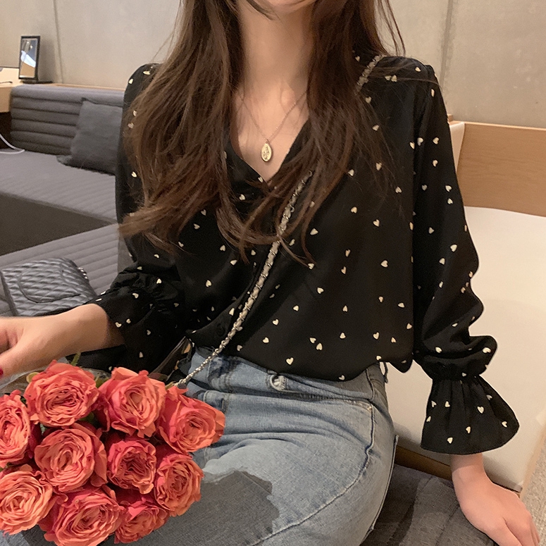 พร้อมส่งจากไทย เสื้อเชิ้ตเกาหลีลายหัวใจ เสื้อชีฟองแขนยาวทำงานผู้หญิง