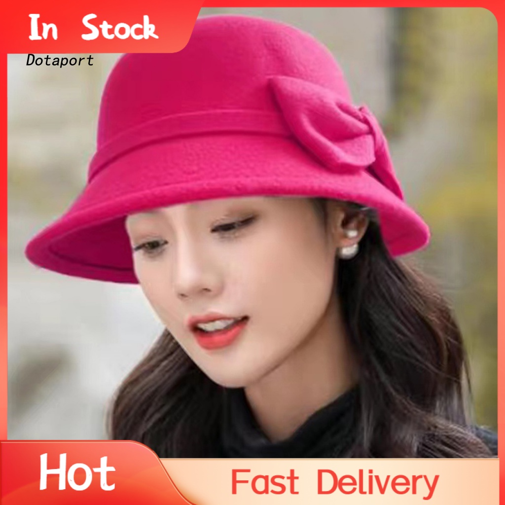 Kddt- หมวก Fedora หมวกผู้หญิง ฤดูใบไม้ร่วง ฤดูหนาว หรูหรา ประดับโบว์ ผ้าสักหลาด Fedora หมวกกันลม