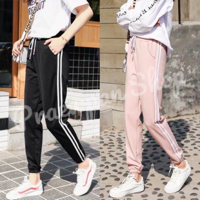 กางเกงขายาวผู้หญิง กางเกงวอม ขาจั้มแต่งแถบ2เส้น ใส่ชิคๆแนวสปอร์ตเก๋ๆ พร้อมส่ง
