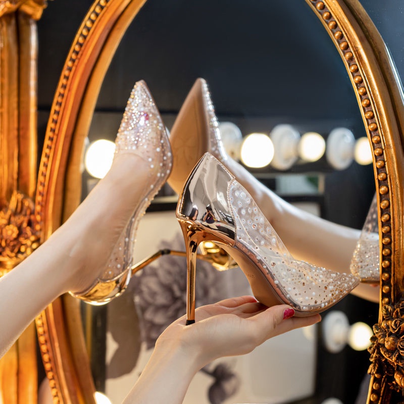 Banquet shoes 2022 new pointed toe high-heeled wedding shoes bow transparent stiletto sexy high-heeled shoe