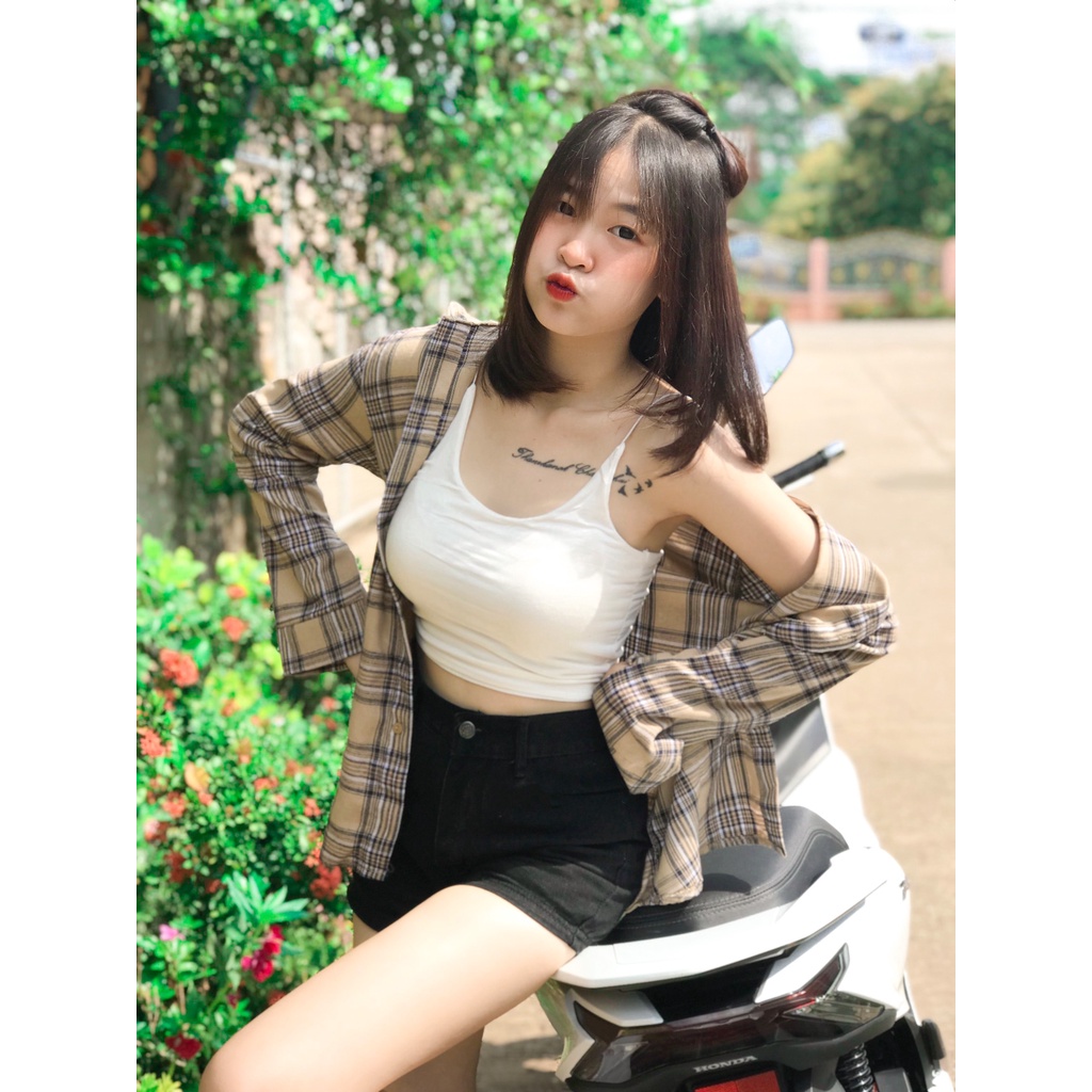 byGOODLUCK เสื้อสายเดี่ยว สายสปาเก็ตตี้ แบบฝอๆ น้อนน่ารักสุดๆ ผ้าเย็บ 2 ชั้น ใส่แบบโนบราได้ เดี่ยวสั้น M303B