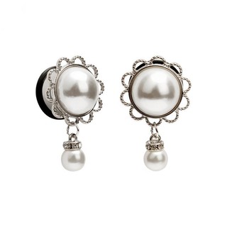 Pair Stainless Flesh Tunnels Ear Plugs Pearl Pendant Gauges