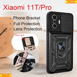 สำหรับ Xiaomi 11T 11 T Pro Lite NE 4G 5G เคสโทรศัพท์กล้องเลนส์ป้องกันเกราะกันกระแทกปลอกป้องกันพร้อมขายึดแหวนแม่เหล็กขาตั้งปลอก TPU โทรศัพท์เคสแข็งฝาหลัง