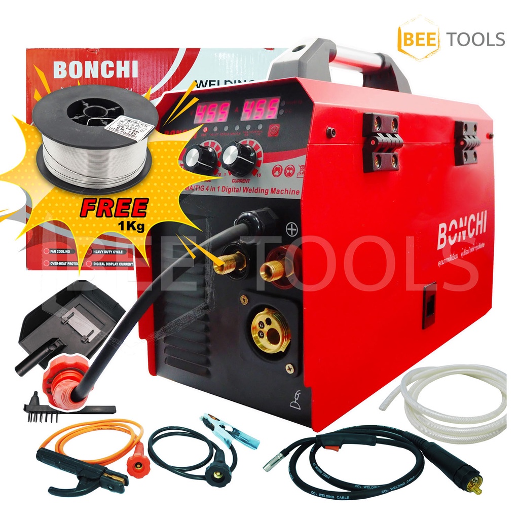 BONCHI ตู้เชื่อม เครื่องเชื่อม MMA/MIG/TIG 3 IN1 ไม่ใช้แก๊ส CO2 รุ่น TIG-455 ลวดฟลักซ์คอร์ 0.8 มิล 1