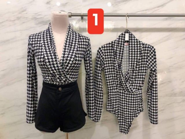 บอดี้สูทคอวีเก๋ๆลายแฟชั่นแขนยาว