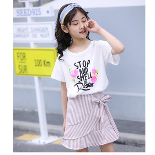 280 :  เสื้อผ้าเด็ก พร้อมส่ง - ชุดเซ็ต 2 ชิ้น เสื้อยืดสีขาว สกรีนลาย + กระโปรงสีชมพู ( เสื้อแฟชั่น เด็กเล็ก เด็กโต )