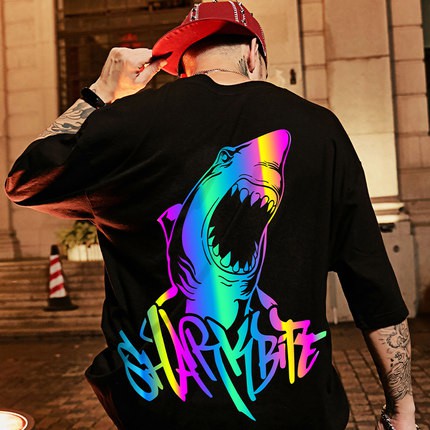 เสื้อยืด แฟชั่น โอเวอร์ไซซ์ พิมพ์ลาย สำหรับบุรุษ/สตรี แฟชั่นปลาฉลามสะท้อนแสง oversized printing เสื้อยืด แขนสั้น แบบพิมพ์ลาย แฟชั่น สำหรับผู้ชาย ไซซ์ M-3XL K66
