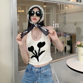 ขายดี เสื้อสายเดี่ยว ตัวสั้น ปักลายดอกทิวลิป สุดชิค ขนาดเล็ก เหมาะกับฤดูร้อน สําหรับผู้หญิง
