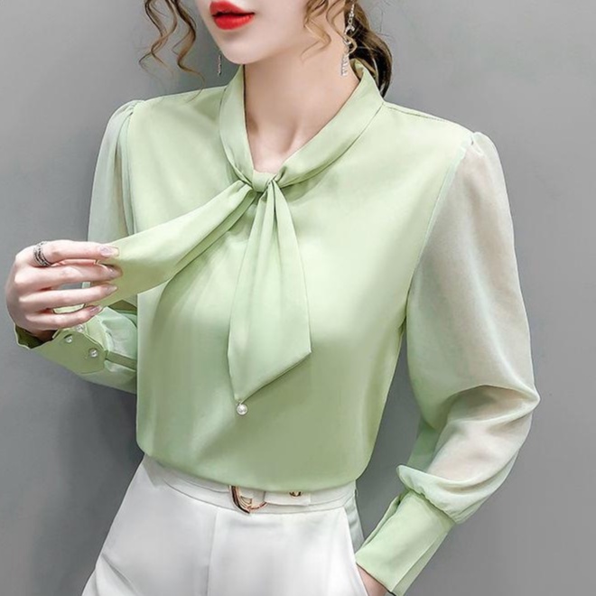 S-3Xl แฟชั่นเกาหลีชีฟองธรรมดาเสื้อสีเขียวผู้หญิง V คอ Bow Tie ริบบิ้นแขนยาวชุดทํางานสํานักงานสุภาพสต