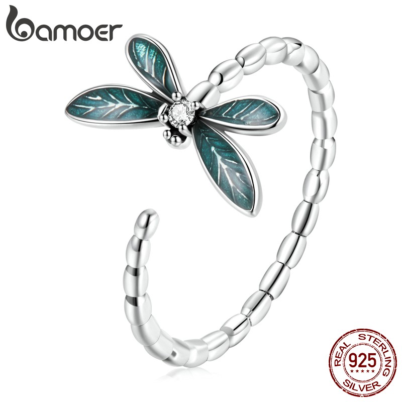Bamoer Silver 925 dragonfly Finger Ring ปรับขนาดได้พร้อมเพทายแฟชั่นเครื่องประดับของขวัญสําหรับผู้หญิง BSR216