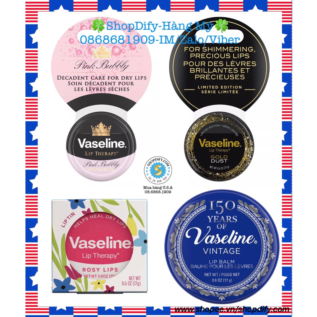 {Us Product } VASELINE Lip THERAPY Lip Balm Tin Box Rosy, Vanilla, Gold Dust Shimmer, Pink Bubby, Cocoa