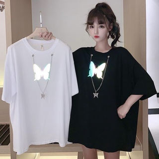 Summer 2021 New Internet celebrity light-emitting butterfly design chain Harajuku BF loose mid-length short sleeve t-shi