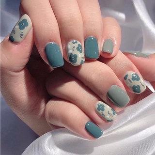 เล็บปลอมสีฟ้าลายดอกไม้ Blue Flower Pattern Acrylic Nails #13