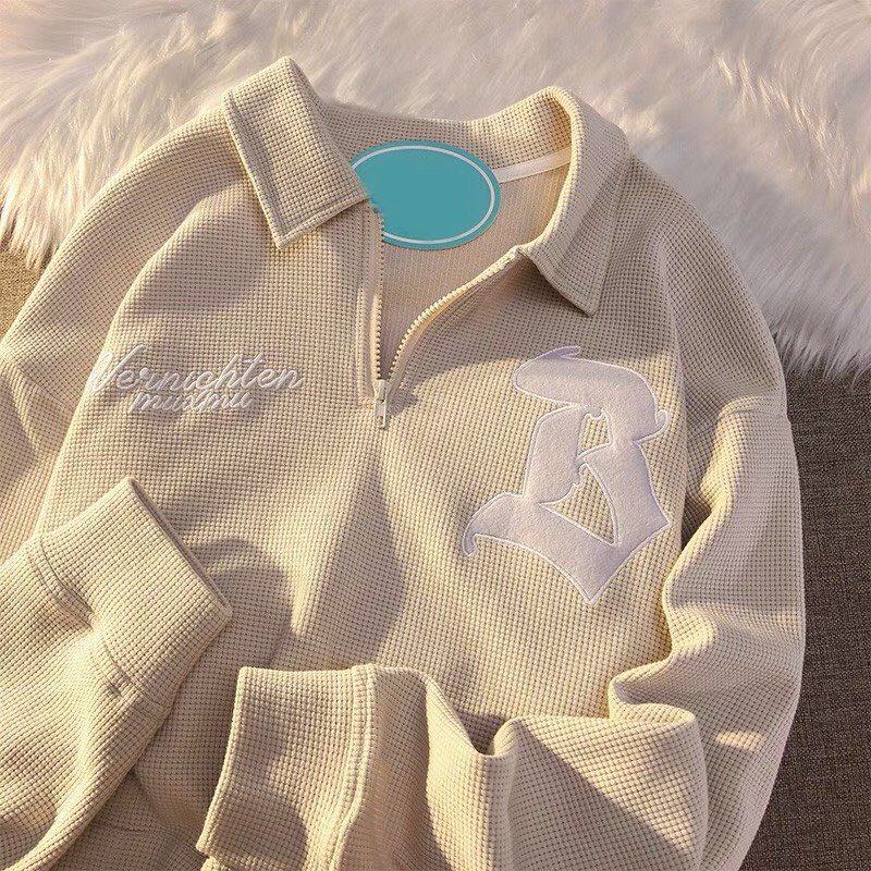 Ddos CELINA BOUTIQUE จัดส่งเสื้อโปโล คอปกหลวม แขนยาว สไตล์วินเทจ ซิปล็อค บุคลิกภาพเกาหลี