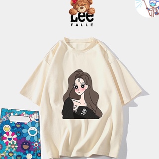 [S-5XL]Leefalle เสื้อยืดแขนสั้น ผ้าฝ้าย พิมพ์ลายการ์ตูนน่ารัก ทรงหลวม สําหรับคู่รัก