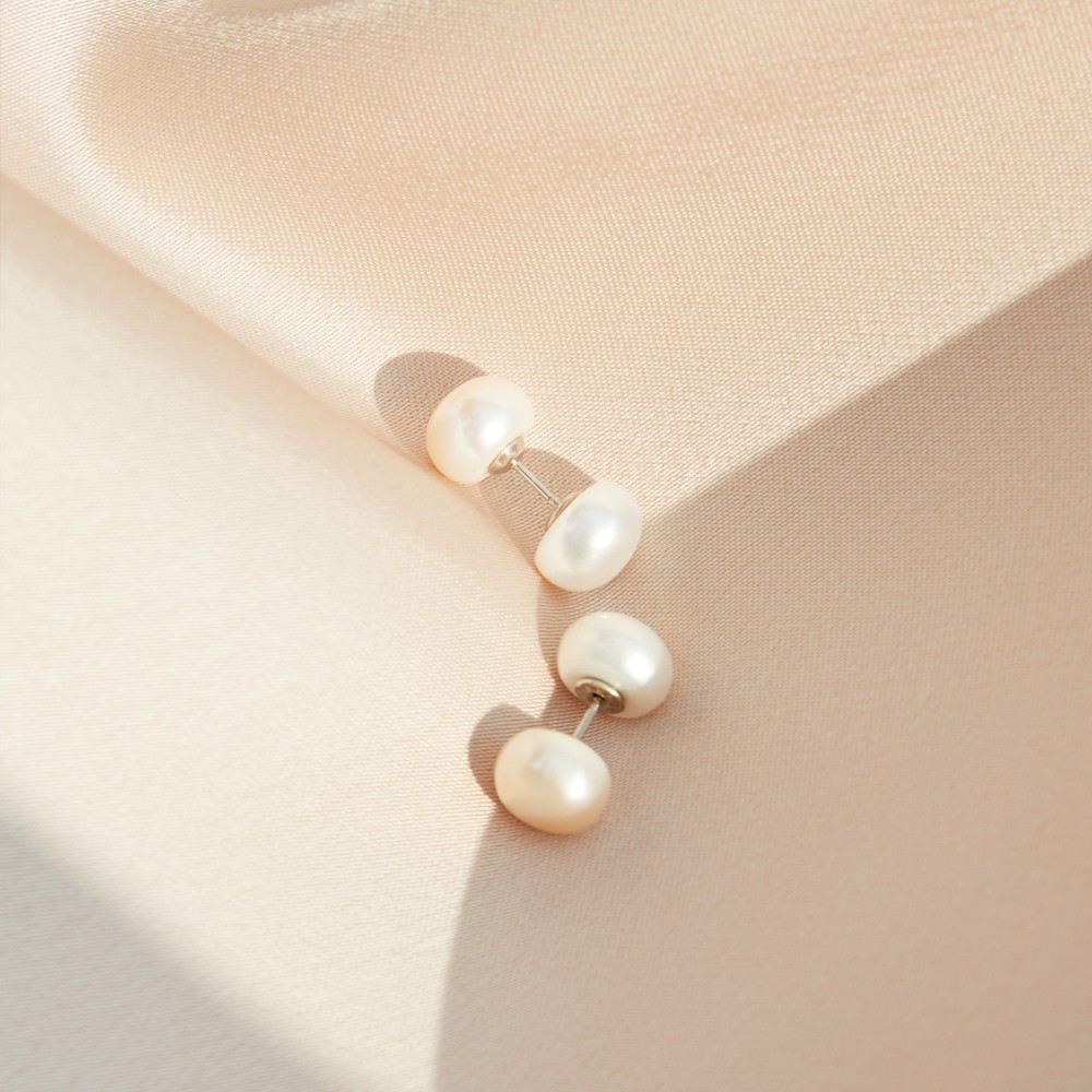 [ส่งด่วนฟรี]SWAN - Double Pearl Earring ต่างหูเงินแท้ ประดับมุกแท้ มุกน้ำจืด