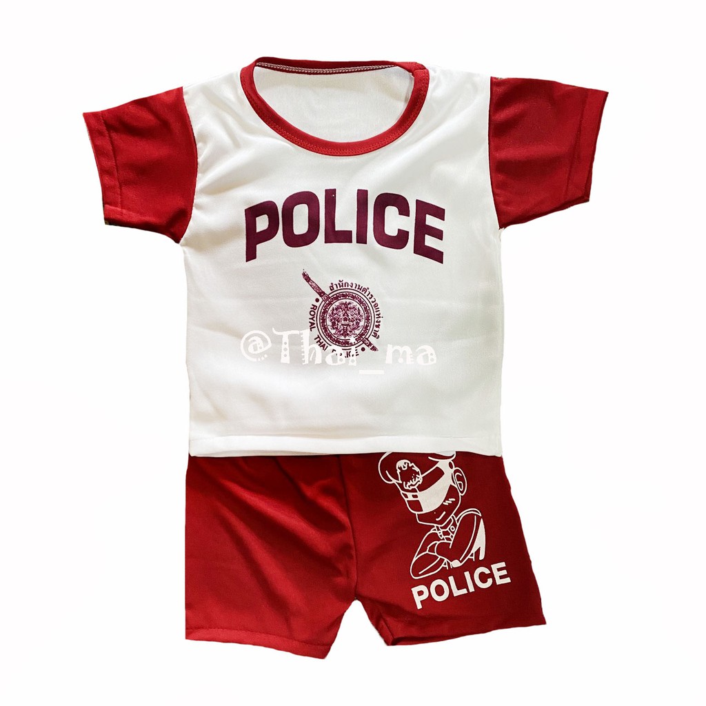 ชุดตำรวจเด็ก แดง-ขาว เสื้อยืดและกางเกง สำหรับเด็กอายุ 6 เดือน - 6 ปี { Size S M L }
