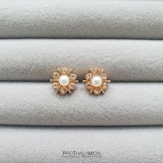 Pink Diamond with Pearl Flower Earrings : ต่างหู ตุ้มหู ดอกไม้ เพชร สีชมพู มุก